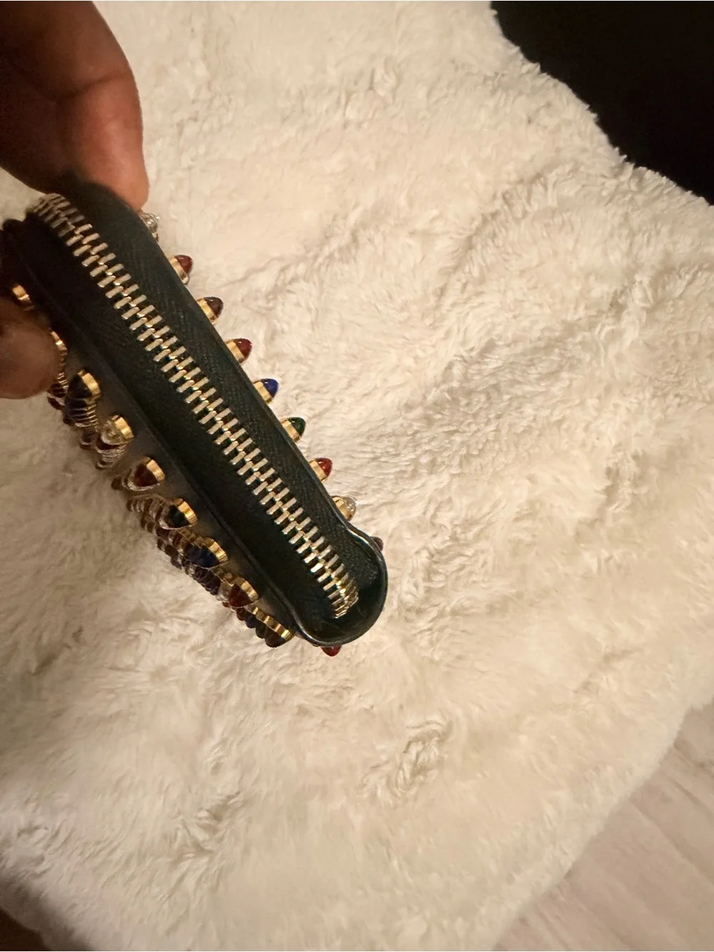 Christian Louboutin Black Zip-Around Wallet with Red, Blue & White Studs